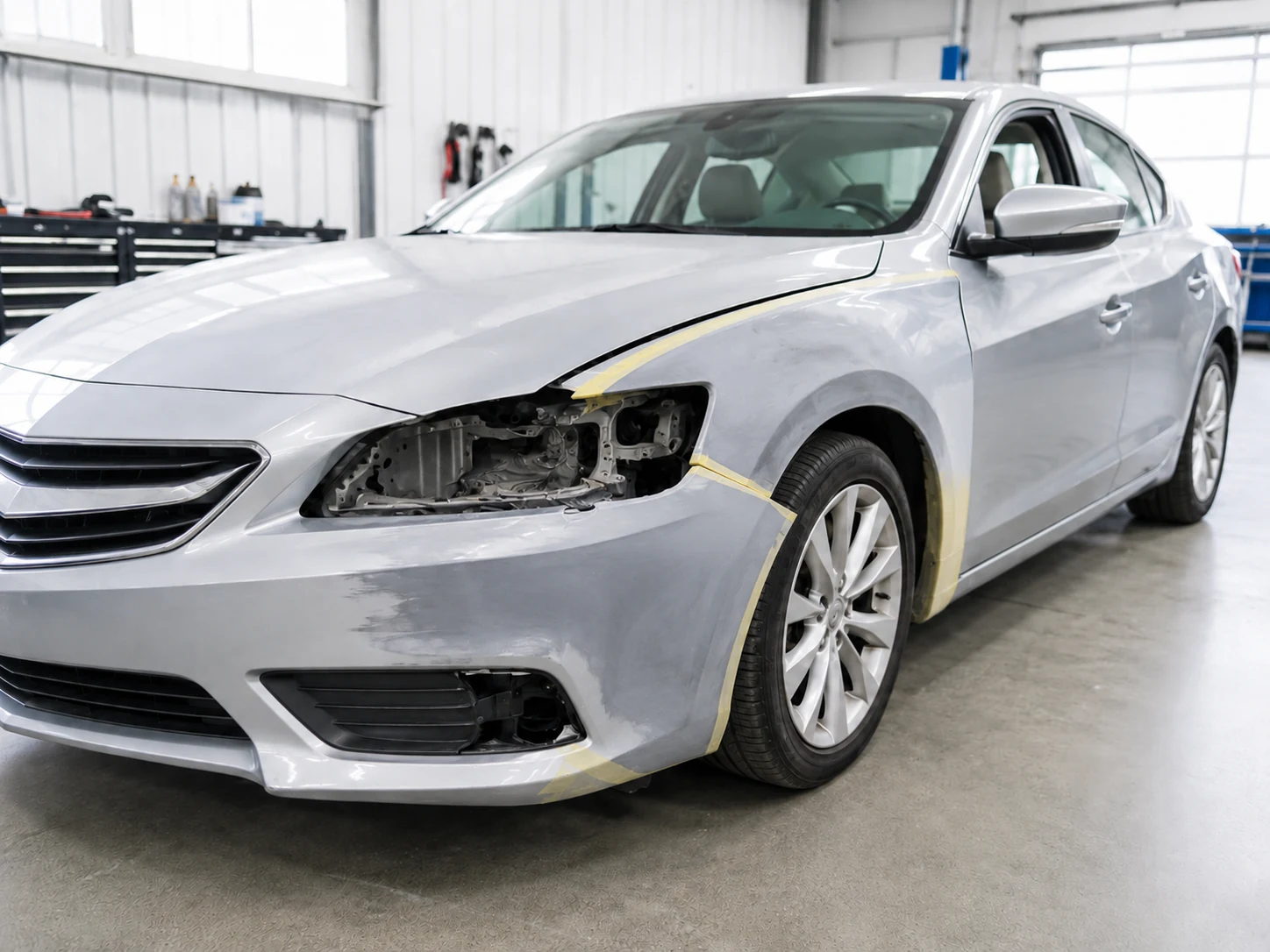 Silver vehicle during bodywork preparation